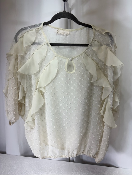A'Reve Tops - A'Reve Cream Ruffle Swiss Dot Blouse with Keyhole 3294